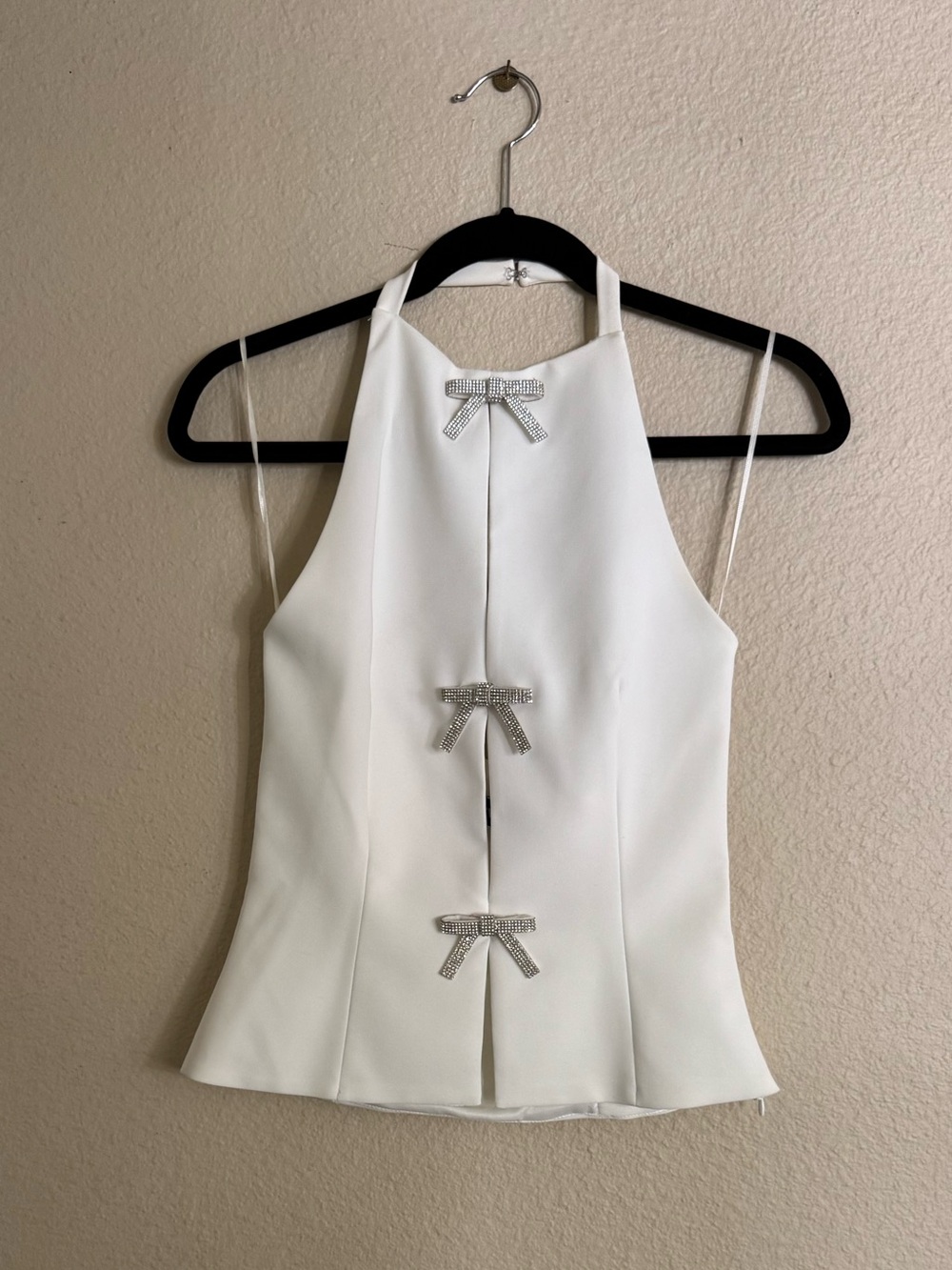 Zara White Halter Camisole with Rhinestone Bow Accents